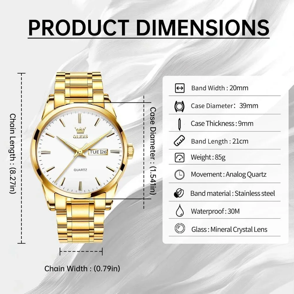 Olevs Men's Gold Steel White Stainless Steel Man Watch Luminous Stylish Watch
